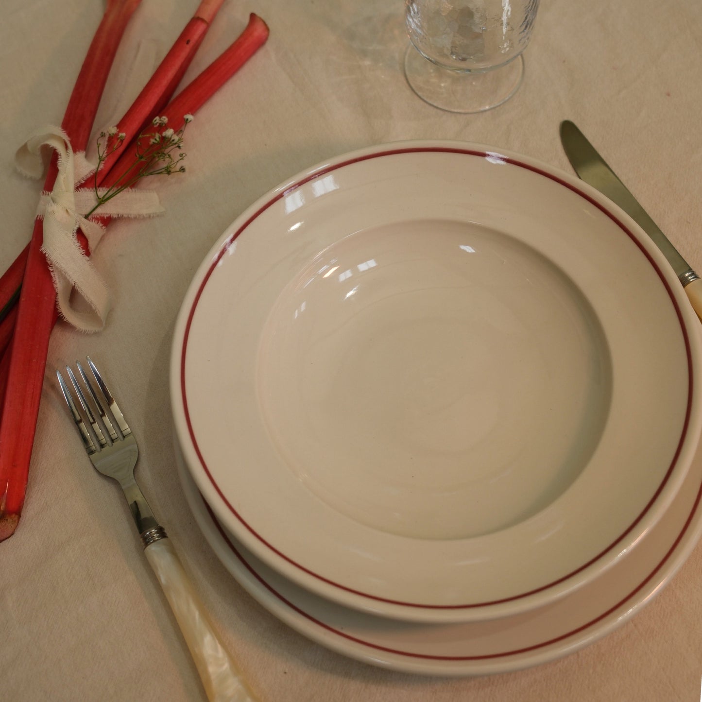 Classical Dinner Plate and Shallow Pasta Bowl with Painted Line in Rhubarb Colour on Rim