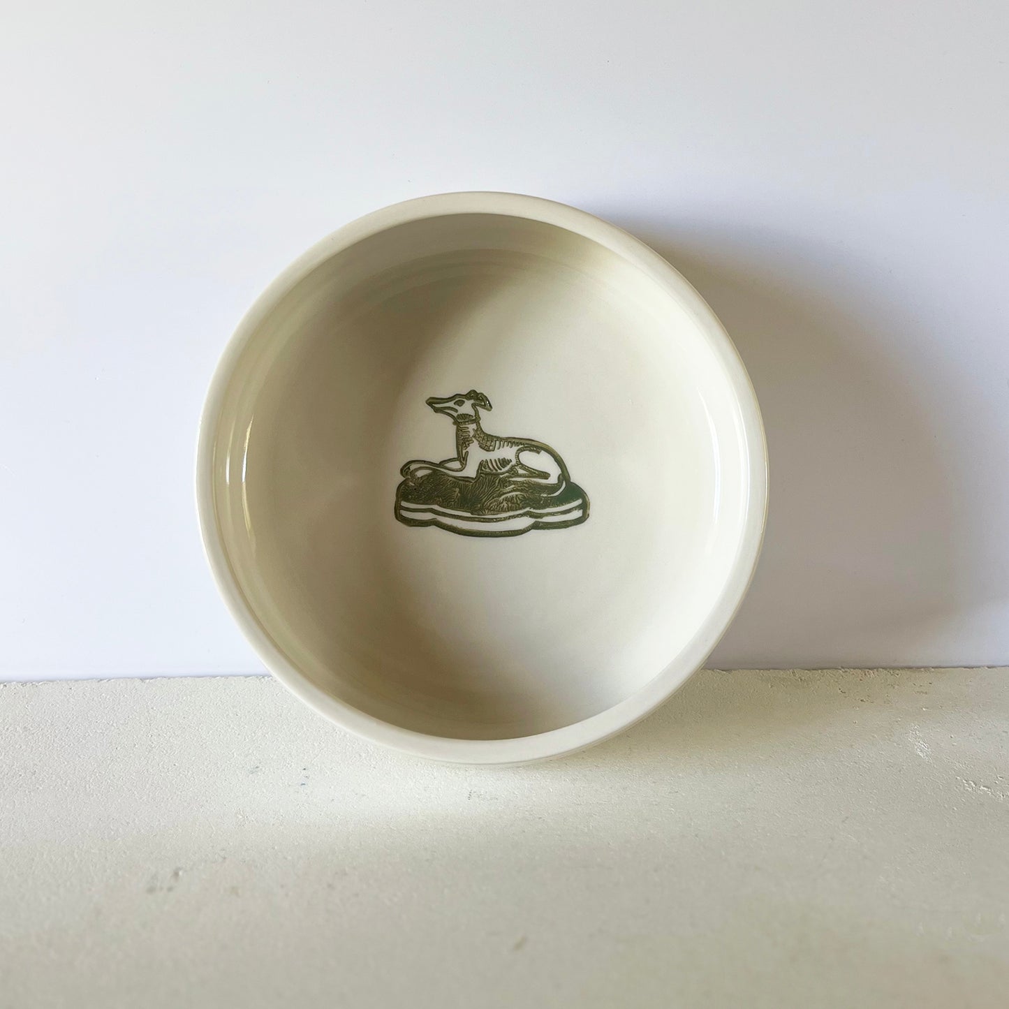 Porcelain Dog Bowl Large Green Hound