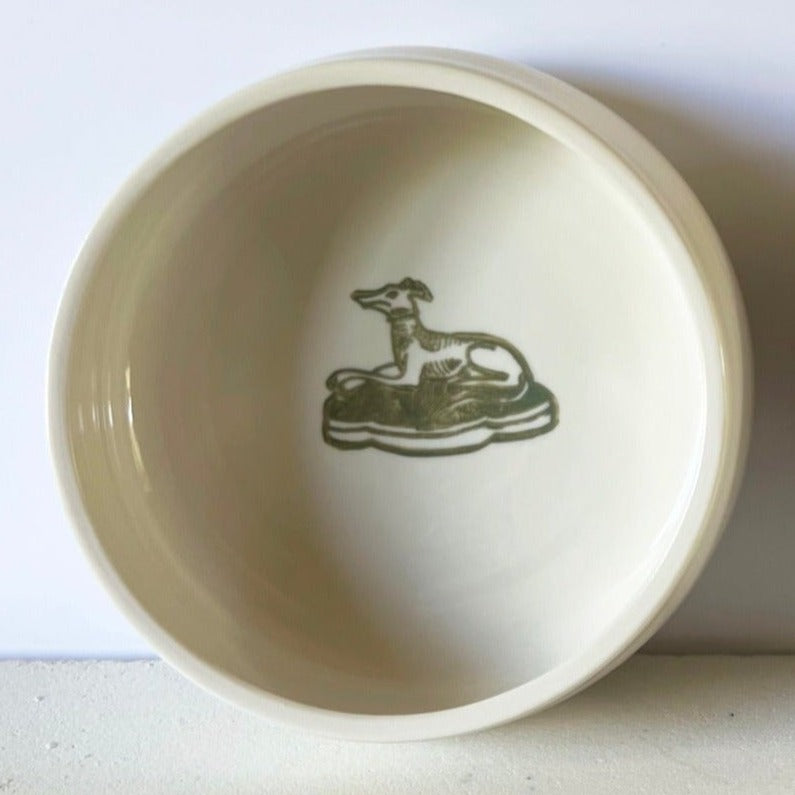 Porcelain Dog Bowl Small and Large Green Hound Stamp