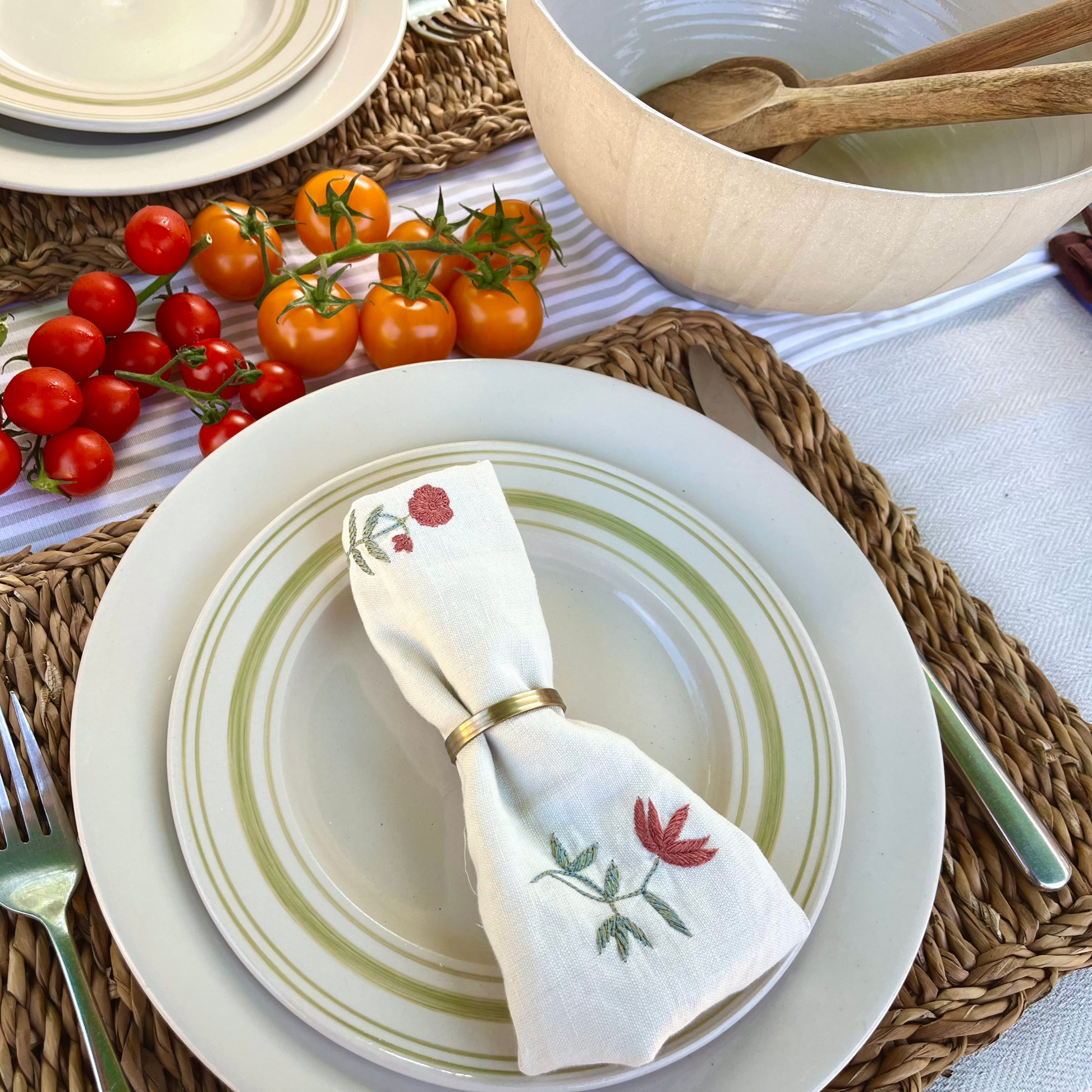 Set of Side Plates Clover Green Linen Stripe - Classical Stoneware