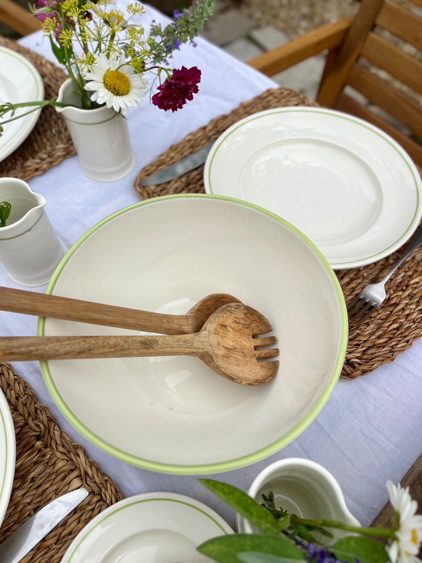 Set of Three Deep Serving Bowls with Clover Green Rim