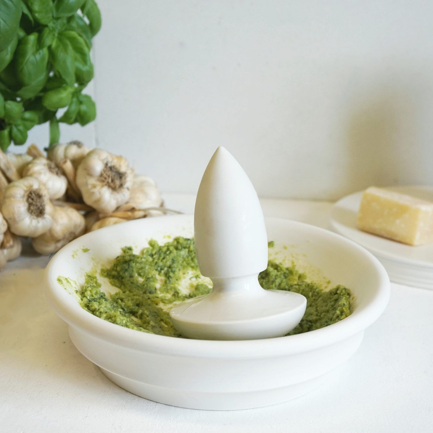Spear Pestle and Bowl Mortar with Pesto