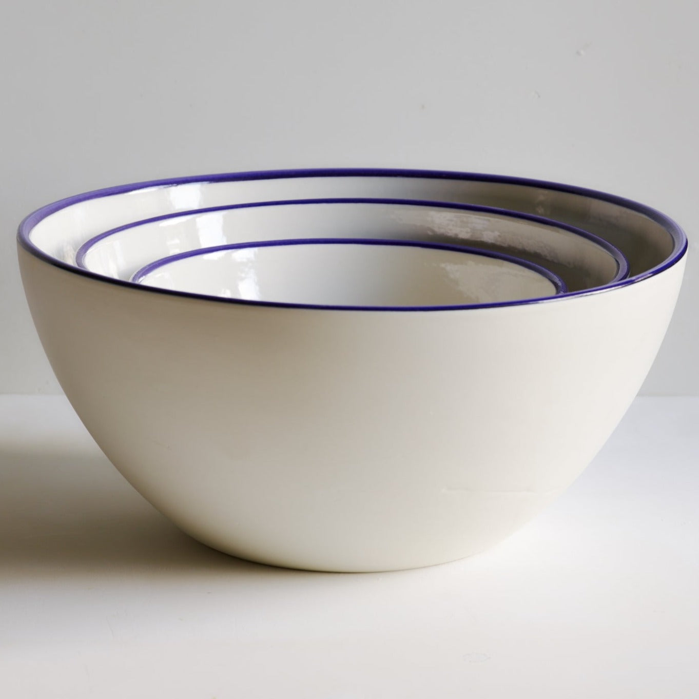 Deep Serving Bowl, Cobalt Blue Rim, Set of Three
