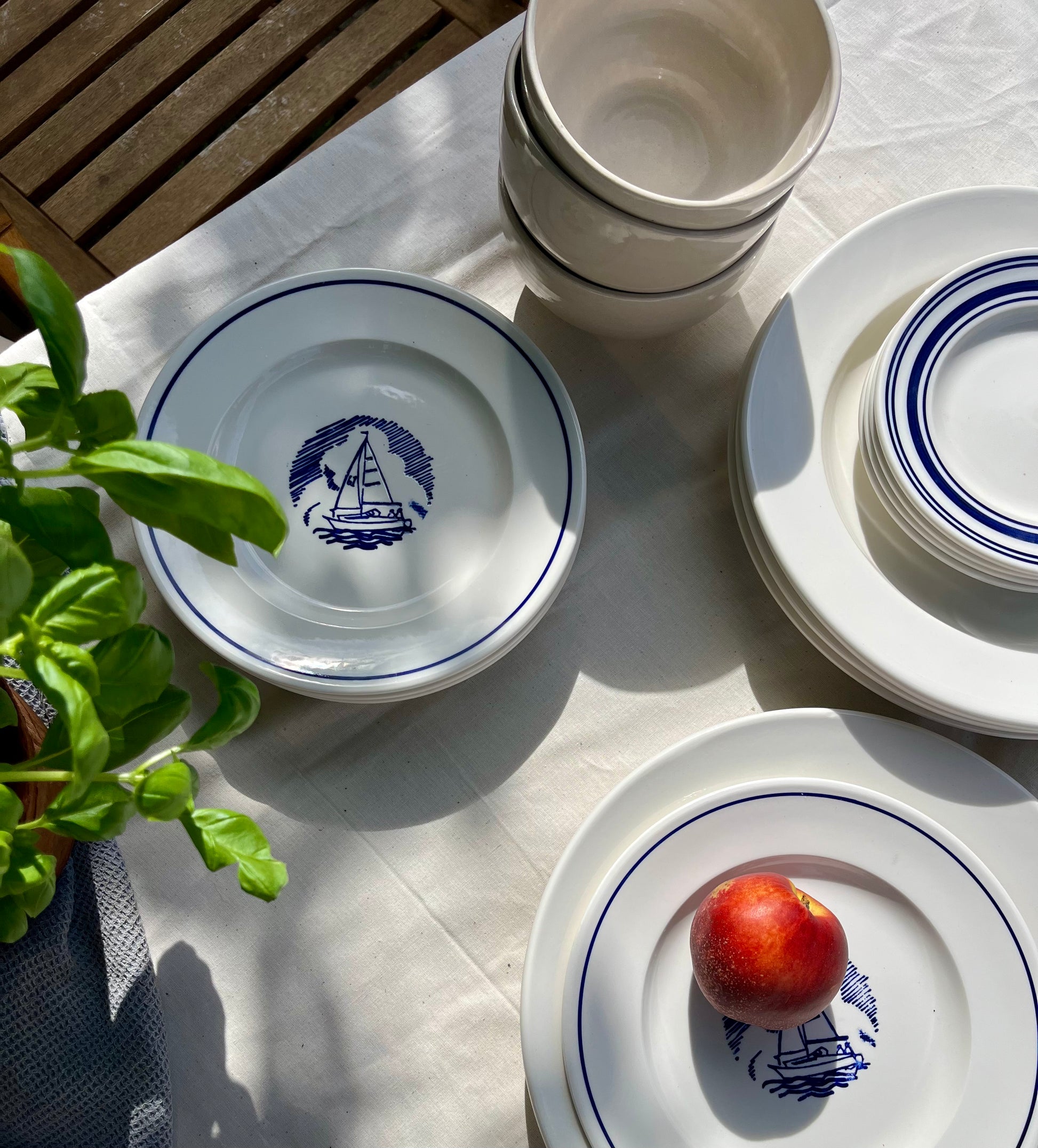 Porcelain Side Plate with Blue Line and Sailing Boat