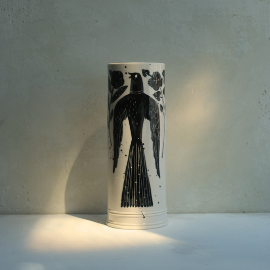 Exclusive Hand Painted John Julian x Makoto Kagoshima Classical Vase - Bird in Black