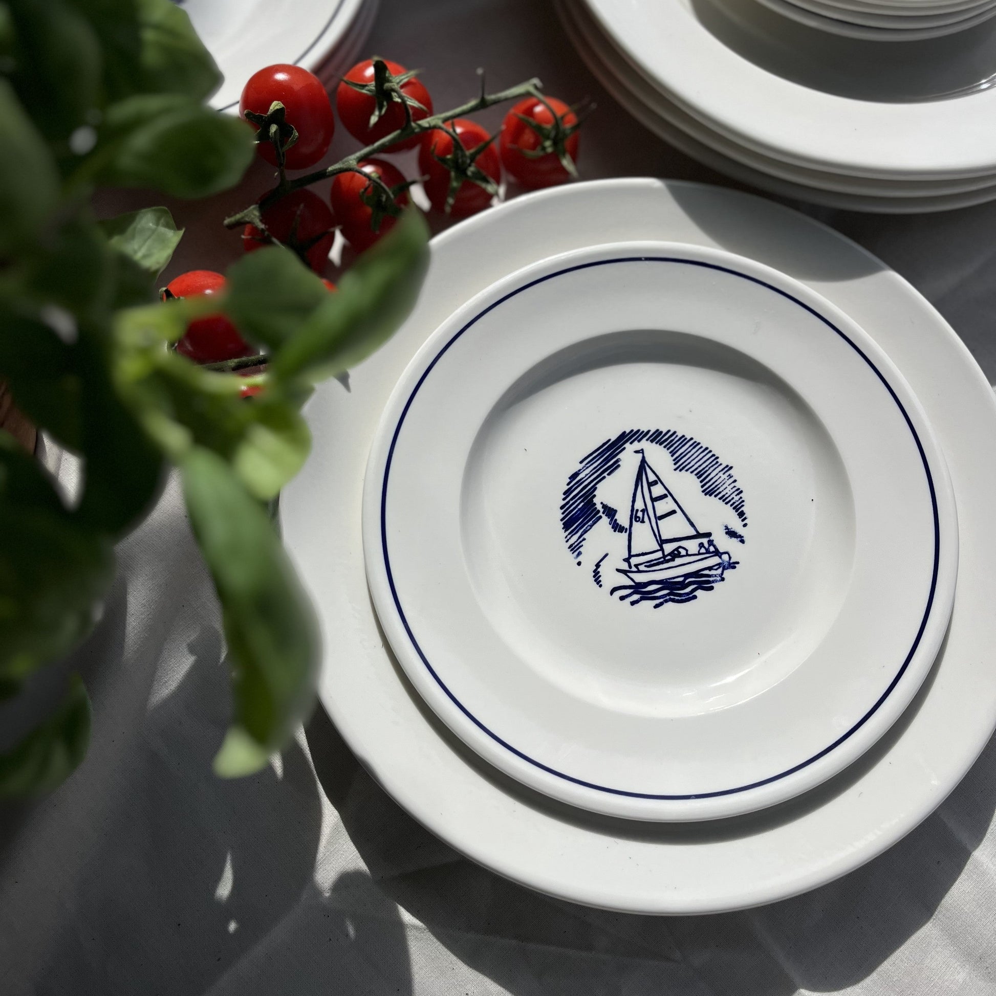 Porcelain Side Plate with Blue Line and Sailing Boat