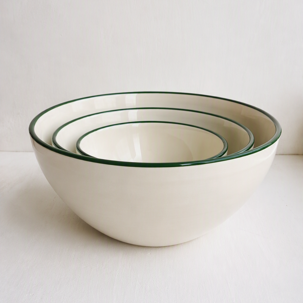 Set of Three Deep Serving Bowls with Coloured Rim
