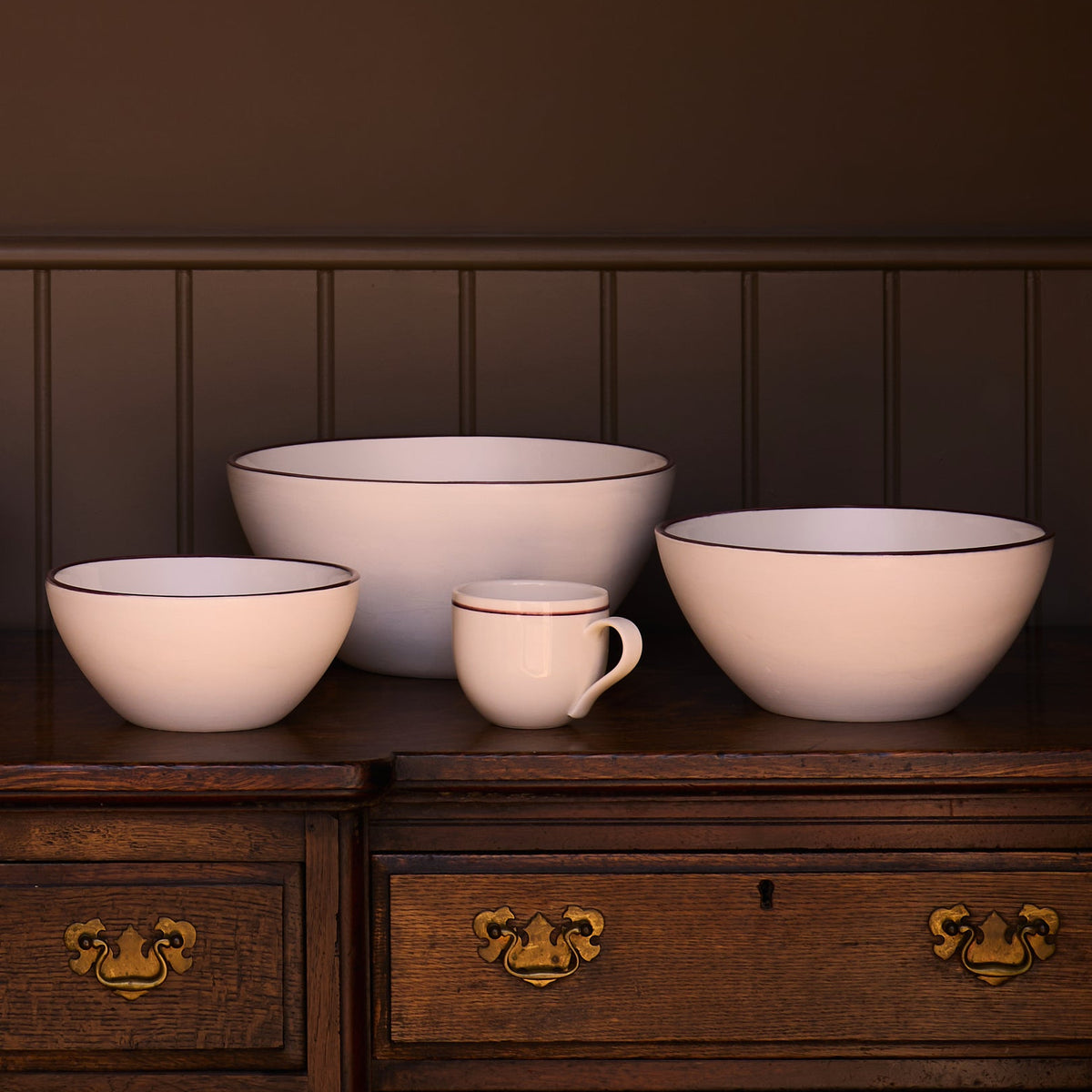 Set of Three Deep Serving Bowls with Coloured Rim