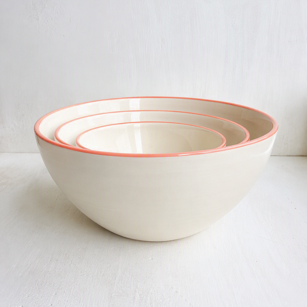 Set of Three Deep Serving Bowls with Coloured Rim