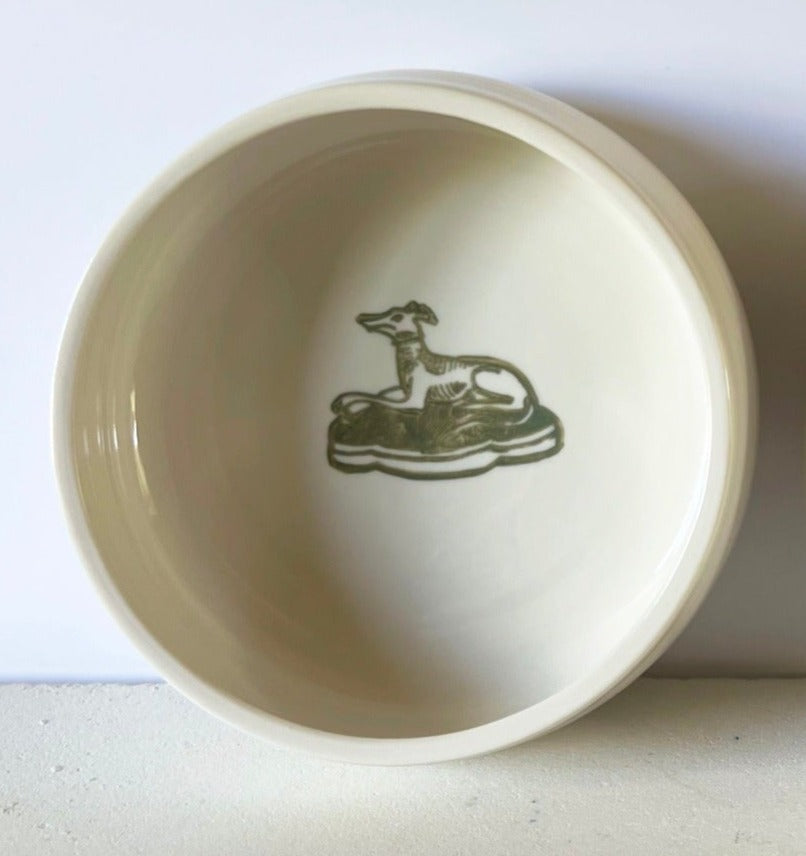Porcelain Dog Bowl Small and Large Green Hound Stamp