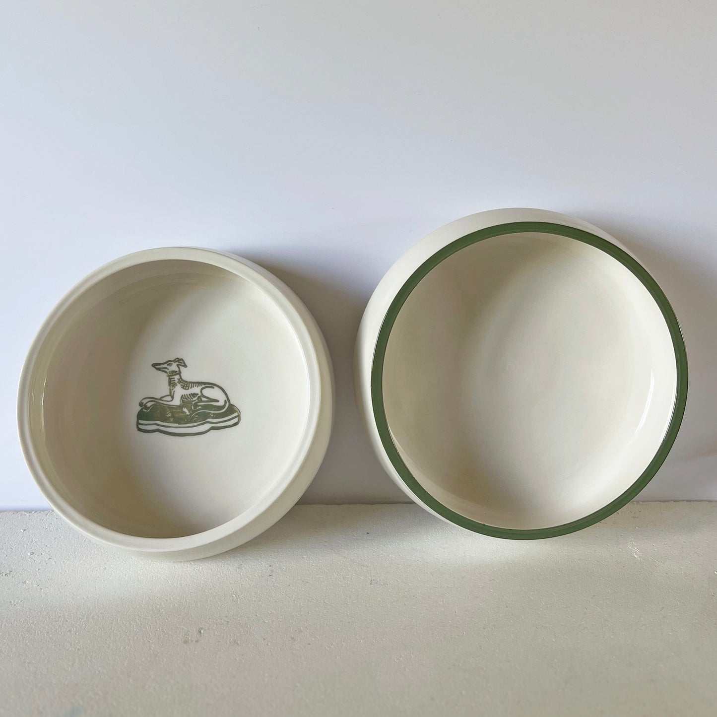 Porcelain Dog Bowls Hound and Green Rim