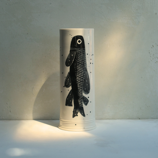 Exclusive Hand Painted John Julian x Makoto Kagoshima Classical Vase - Fish in Black