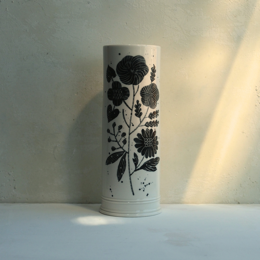 Exclusive Hand Painted John Julian x Makoto Kagoshima Classical Vase - Flowers in Black