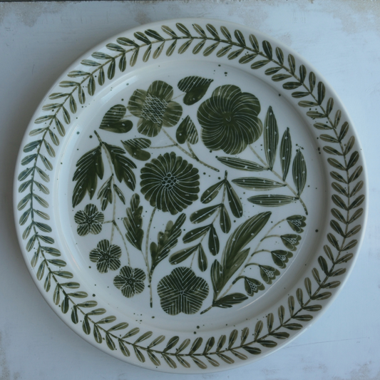 Exclusive Hand Painted John Julian x Makoto Kagoshima Classical Platter - Flowers in Forest Green