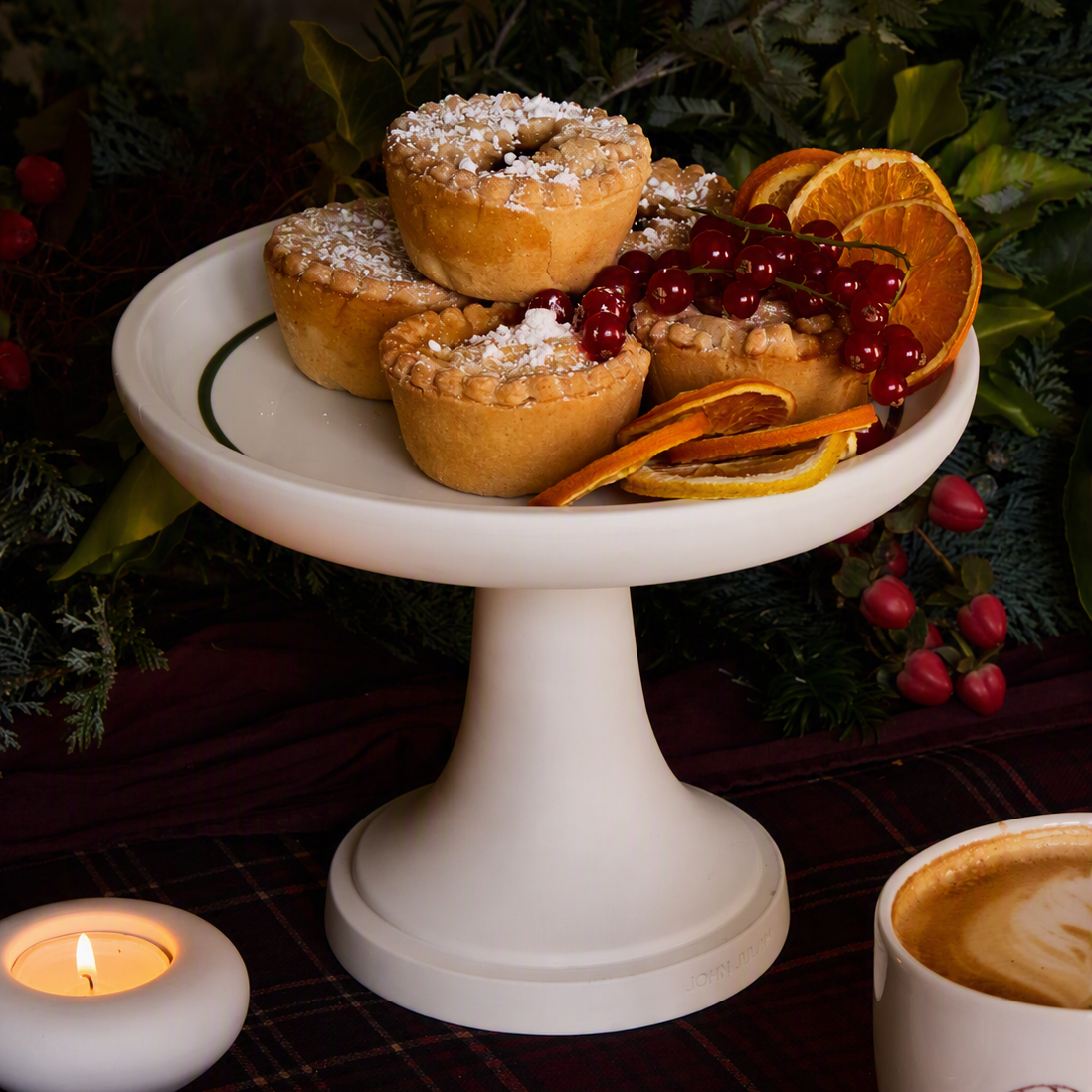 Porcelain Mince Pie Stand, Tall - Forest Green Line