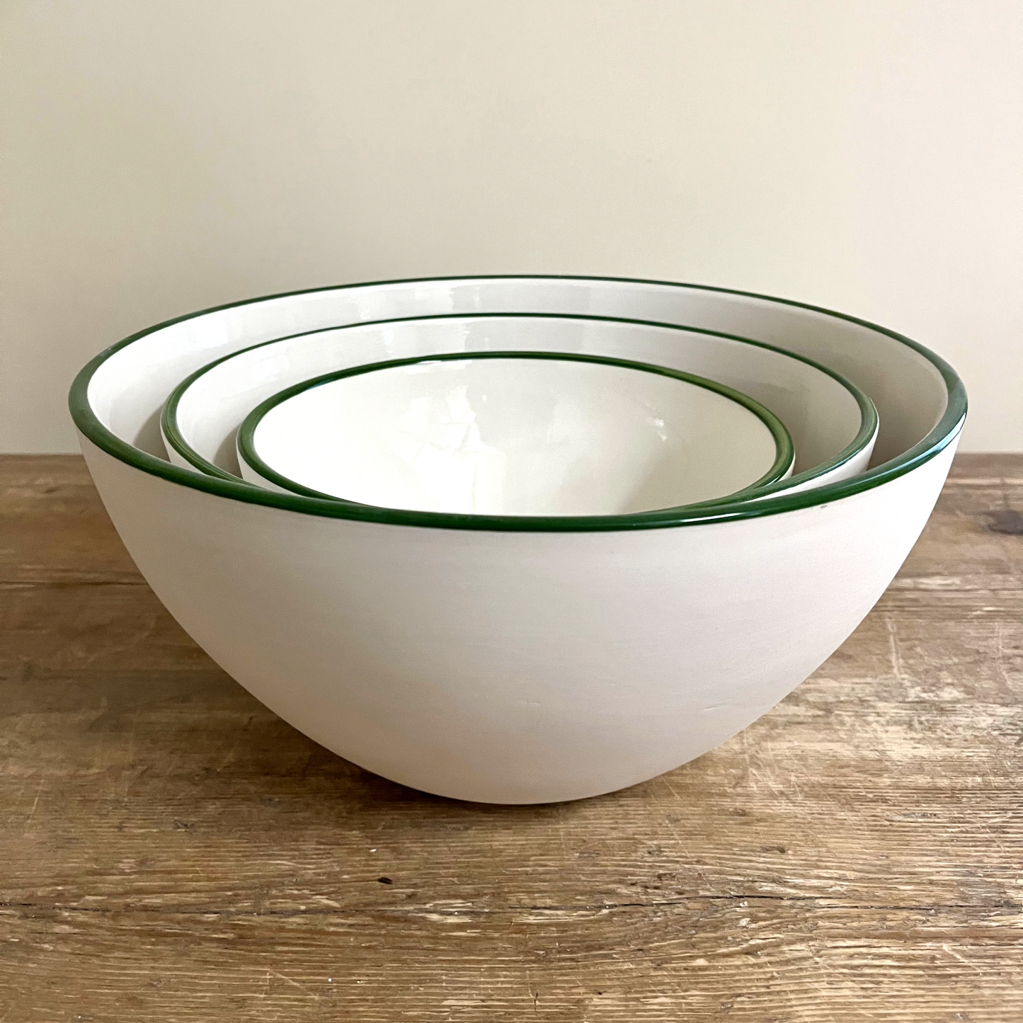 Set of Three Deep Serving Bowls with Forest Green Rim