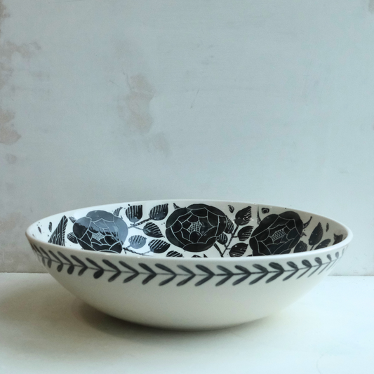 Exclusive Hand Painted John Julian x Makoto Kagoshima Shallow Serving Bowl - Flowers & Birds in Black
