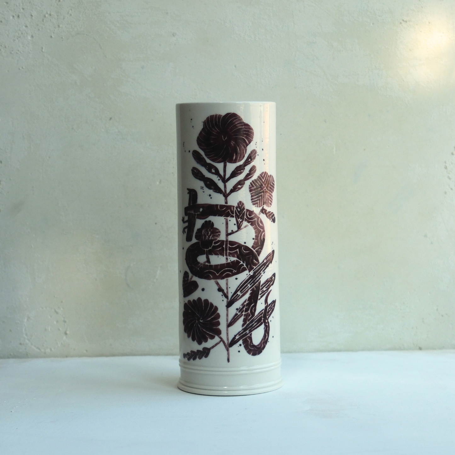 Exclusive Hand Painted John Julian x Makoto Kagoshima Classical Vase - Snake in Burgundy
