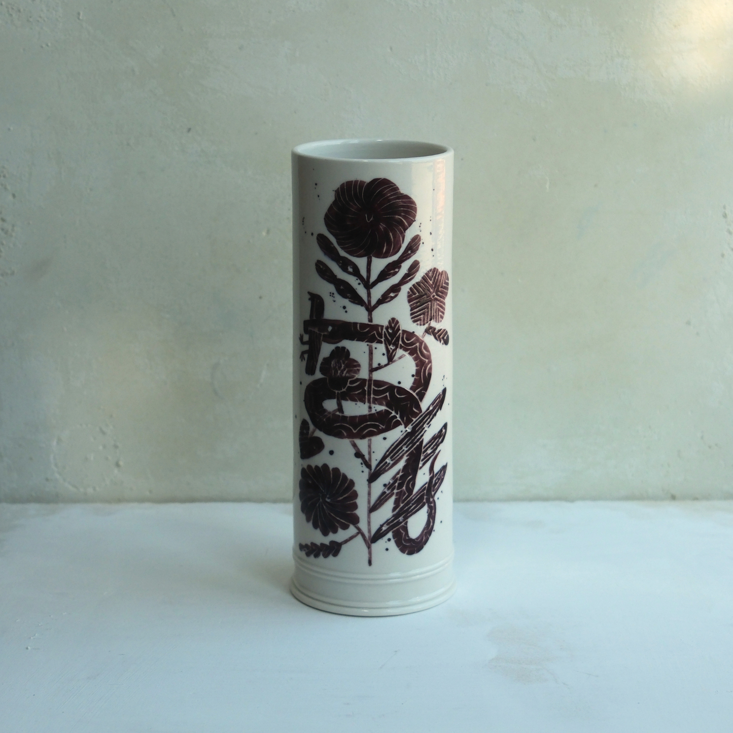 Exclusive Hand Painted John Julian x Makoto Kagoshima Classical Vase - Snake in Burgundy