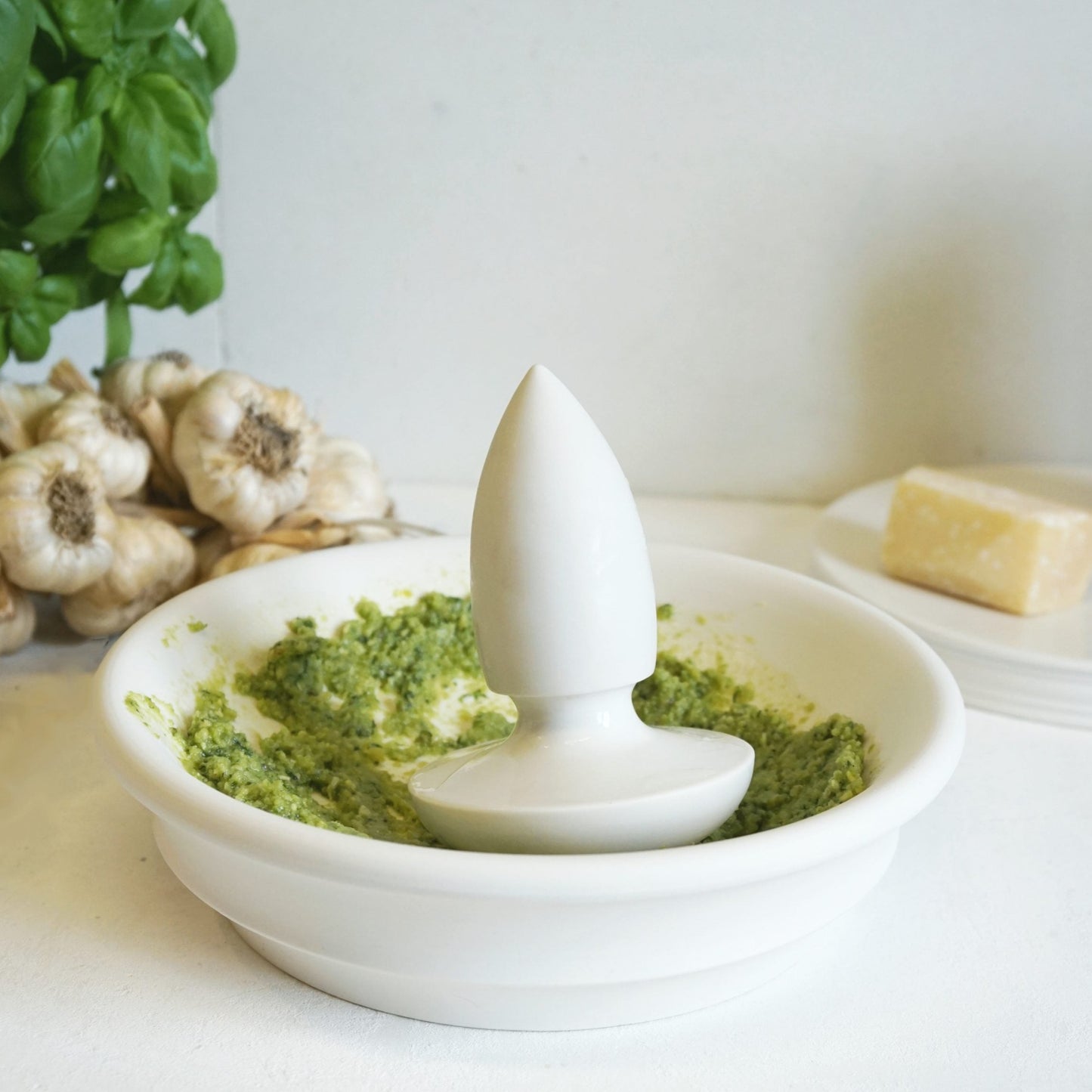 Spear Pestle and Bowl Mortar with Pesto