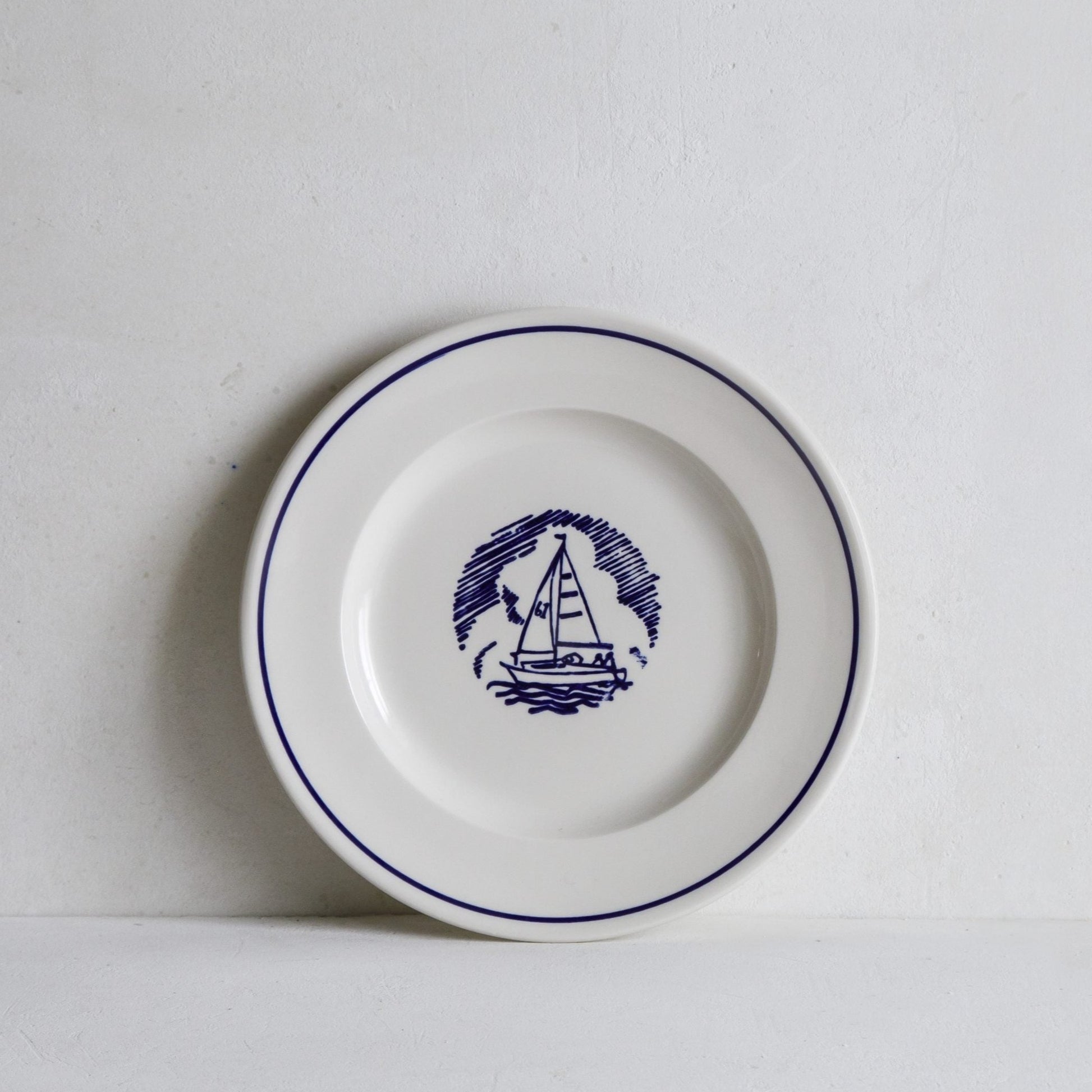 Porcelain Side Plate with Blue Line and Sailing Boat