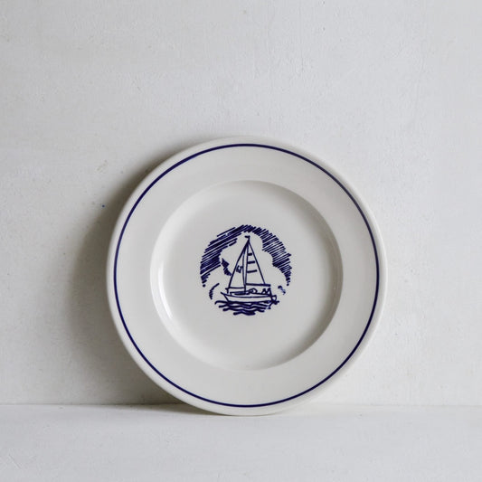 Classical Porcelain Side Plate with a Blue Line and Sailing Boat
