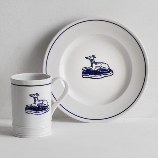 Classical Porcelain Blue Line and Hound Side Plate and Mug
