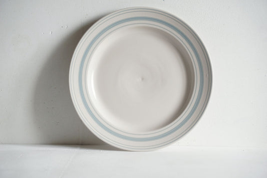 Set of Classical Stoneware Duck Egg Linen Stripe Large Dinner Plates