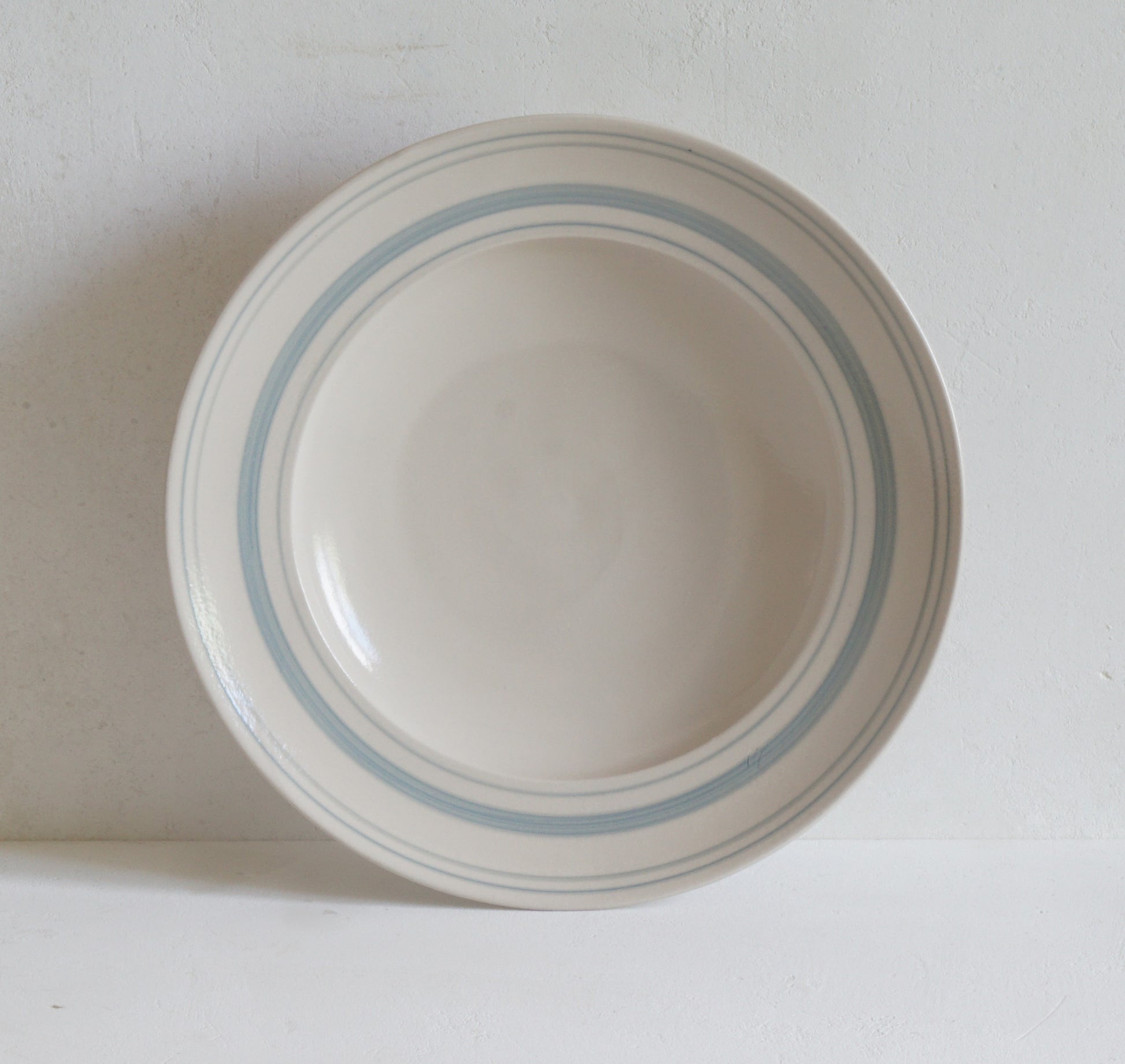 Set of Classical Stoneware Duck Egg Linen Stripe Shallow Bowls